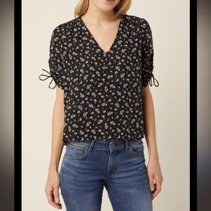 Madewell shirt - navy/white floral popover blouse silk w/tie sleeves